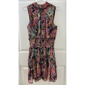 Women’s Figure Flattering Floral Dress Smocking Detail Pink Print Sleeveless